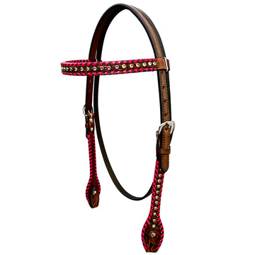 Bar H Equine Horse Genuine Leather Buckstitch Stud Headstall Brown